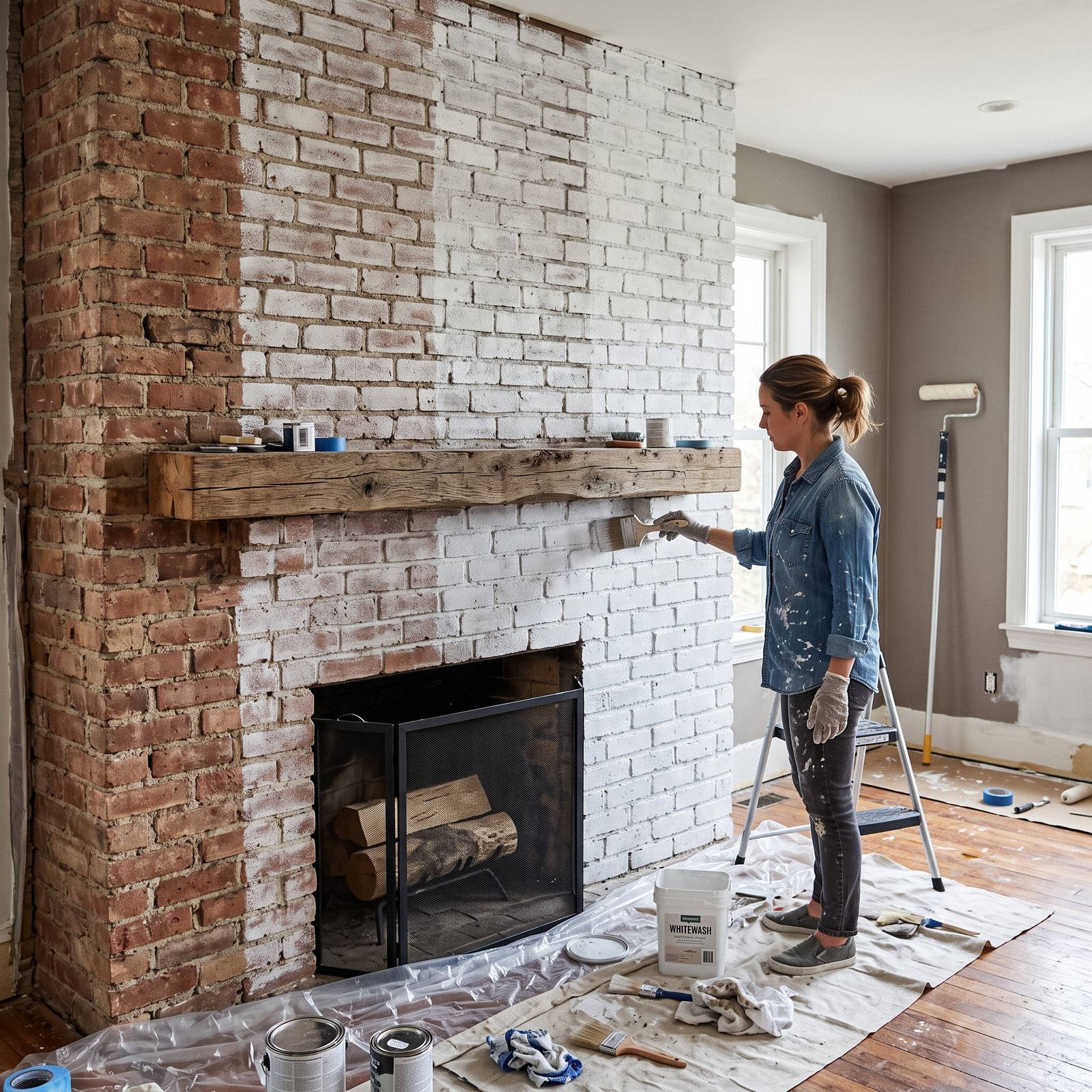 How to Whitewash a Brick Fireplace
